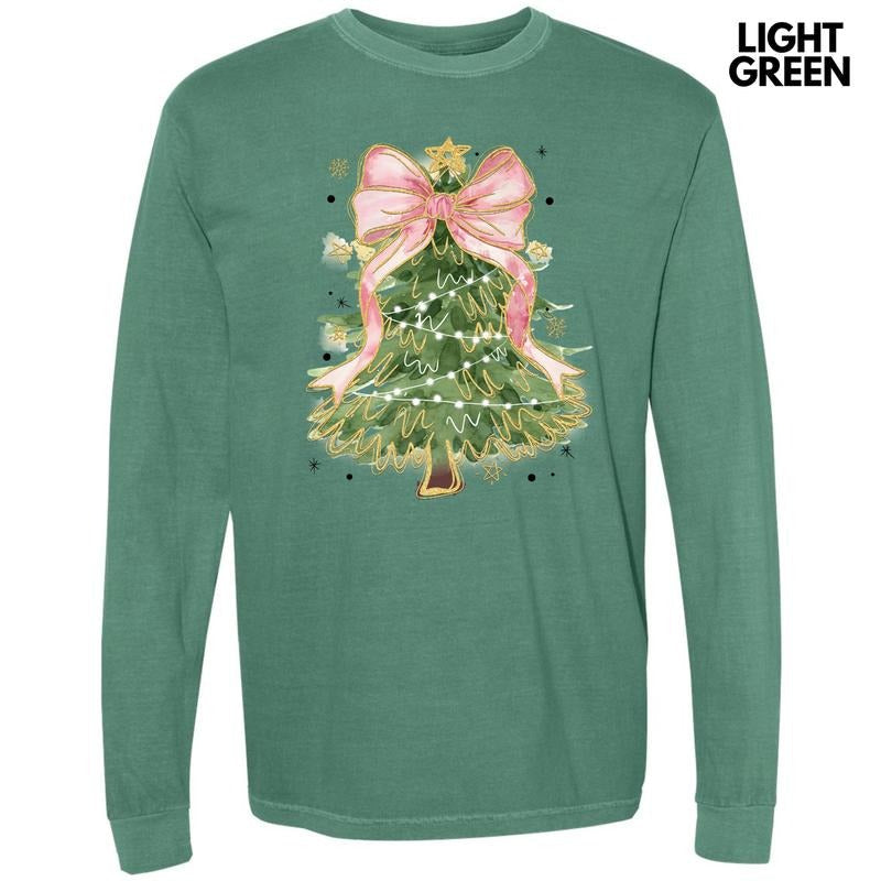 Pink Bow Christmas Tree Long Sleeve Comfort Colors T-Shirt 'NLB' Hoodie, Sweatshirt | PureTeeCo.com