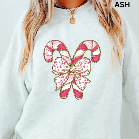 Pink Candy Cane Crewneck, Christmas Winter Sweatshirt, Merry Christmas Sweatshirt, Christmas Sweatshirt, Winter Season Graphic, Casual Cotton Crewneck, Polyester, Oversized