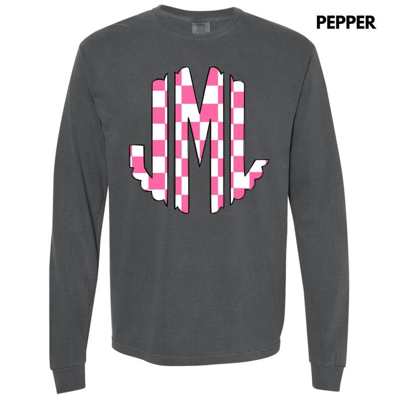 Pink Checker Monogram Long Sleeve Comfort Colors T-Shirt 'NLB' Hoodie, Sweatshirt | PureTeeCo.com