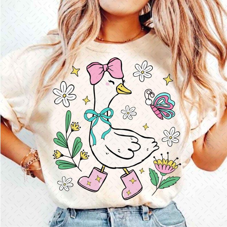 Pink Coquette Goose tshirt, Mama Goose sweatshirt, Spring Floral Goose tshirt, Girly tshirt, Coquette Bow, Girl Goose,...