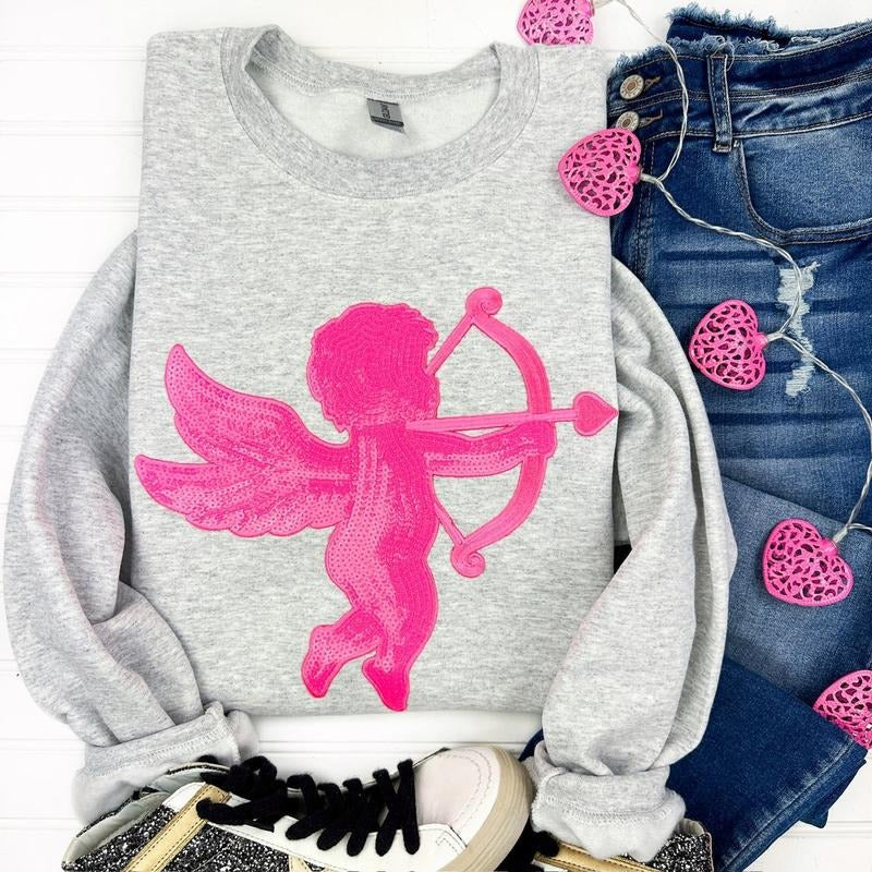 Pink Cupid Sequin Patch Sweatshirt T-Shirts, Hoodie | PureTeeCo.com