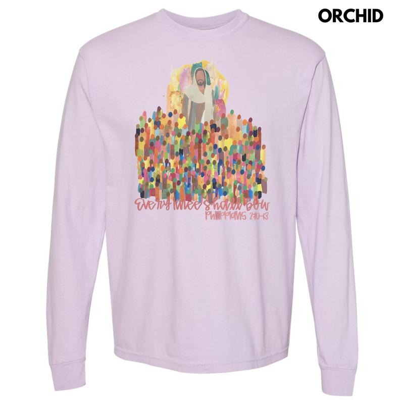 Pink Every Knee Shall Bow Long Sleeve Comfort Colors T-Shirt Hoodie, Sweatshirt | PureTeeCo.com