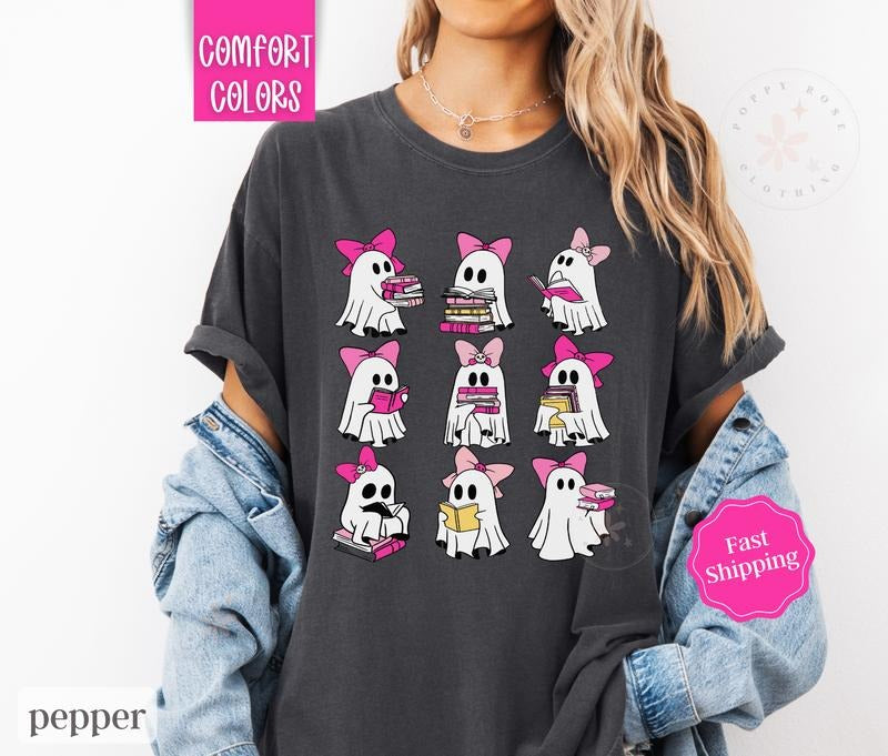 Pink Ghost Reading Shirt Comfort Colors, Book Lover Tshirt, Teacher Halloween Tee Hoodie, Sweatshirt | PureTeeCo.com