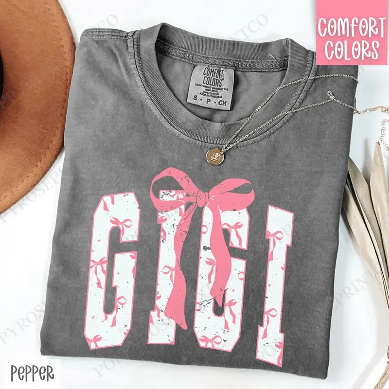 Pink GiGi Bow Shirt Comfort Colors, Women's Tee, Cute Women's Tshirt Hoodie, Sweatshirt | PureTeeCo.com