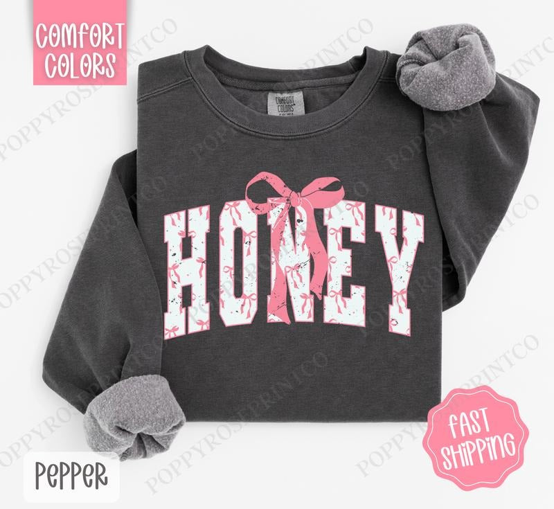Pink Honey Bow Comfort Colors Sweatshirt, Women's Crewneck, Cute Women's Sweater T-Shirts, Hoodie | PureTeeCo.com