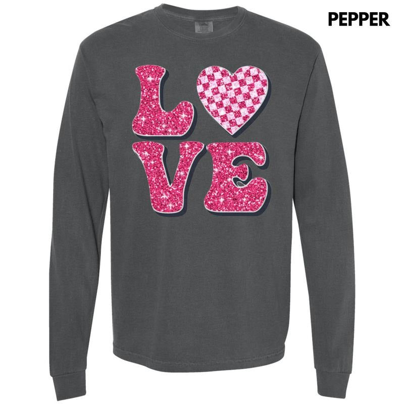 Pink Love Faux Glitter Long Sleeve Comfort Colors T-Shirt Hoodie, Sweatshirt | PureTeeCo.com