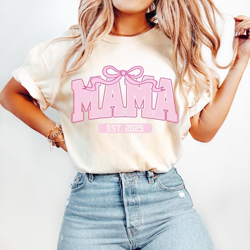 Pink Mama Est 2025 Coquette T-Shirt, Mama T-Shirt, Mothers Day T-Shirt, Mama Varsity T-Shirt, Gift for Mom, Mother, Mama Shirt New Mama T-Shirt, tshirt hot trend 2025