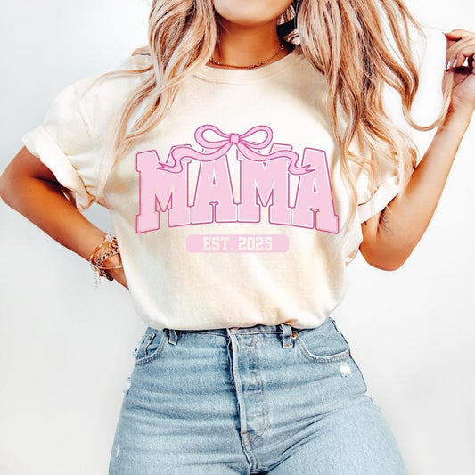 Pink Mama Est 2025 Coquette T-Shirt, Mama T-Shirt, Mothers Day T-Shirt, Mama Varsity T-Shirt, Gift for Mom, Mother, Mama Shirt New Mama T-Shirt, tshirt hot trend 2025