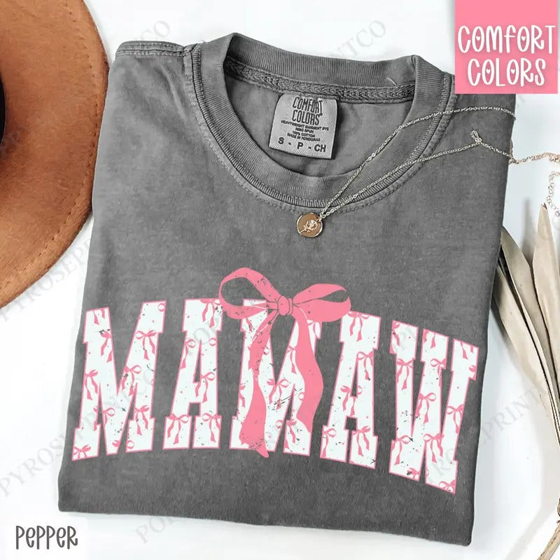 Pink Mamaw Bow Shirt Comfort Colors, Women's Tee, Cute Women's Tshirt Hoodie, Sweatshirt | PureTeeCo.com