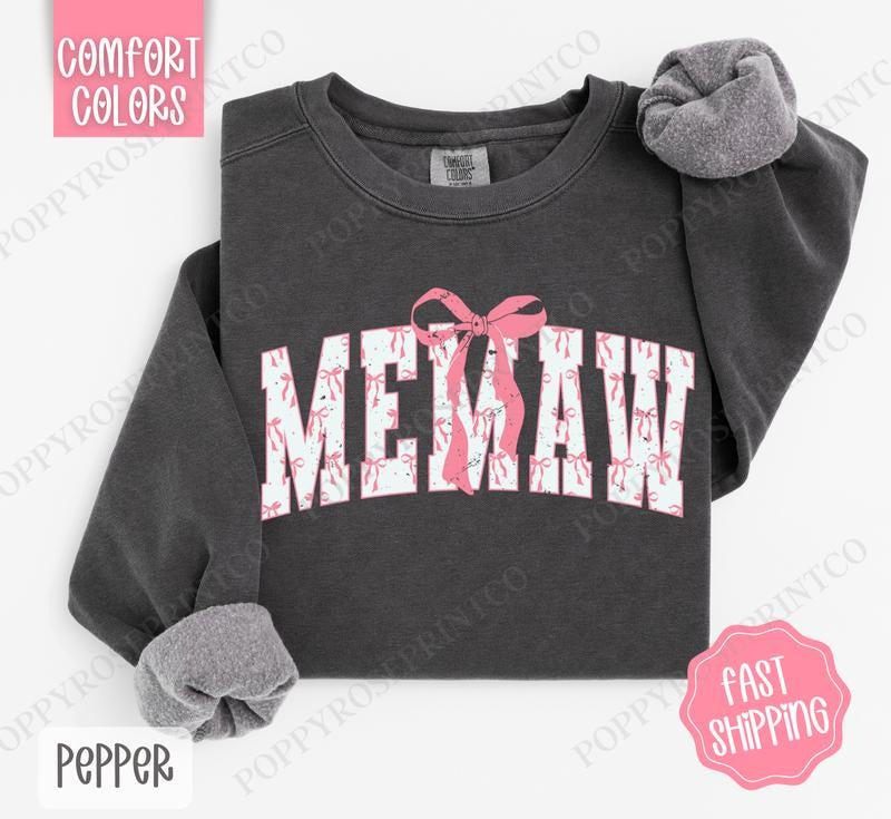 Pink Memaw Bow Comfort Colors Sweatshirt, Women's Crewneck, Cute Women's Sweater T-Shirts, Hoodie | PureTeeCo.com