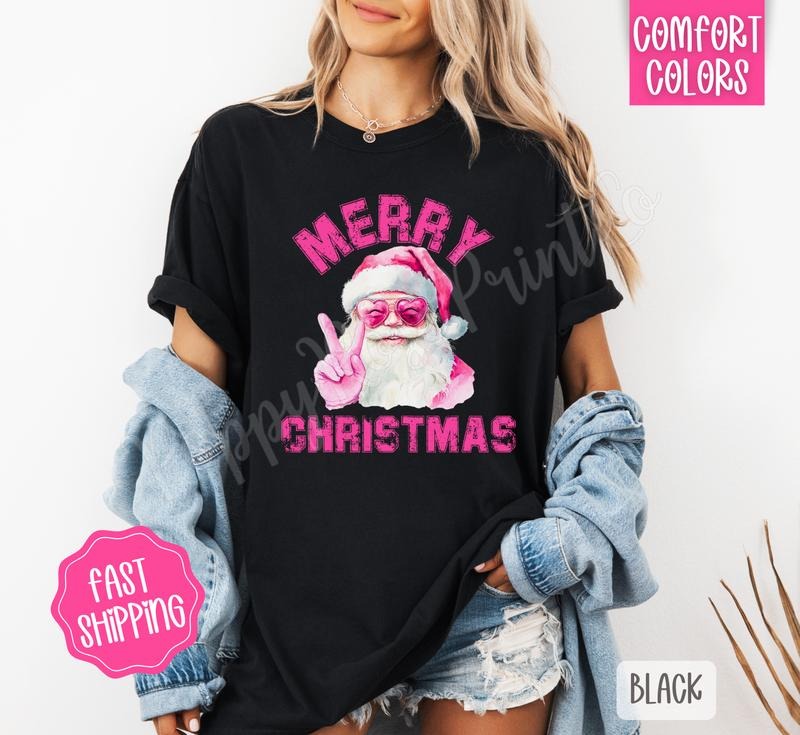 Pink Merry Christmas Santa Comfort Colors, Trendy Women's Holiday Tshirt Hoodie, Sweatshirt | PureTeeCo.com