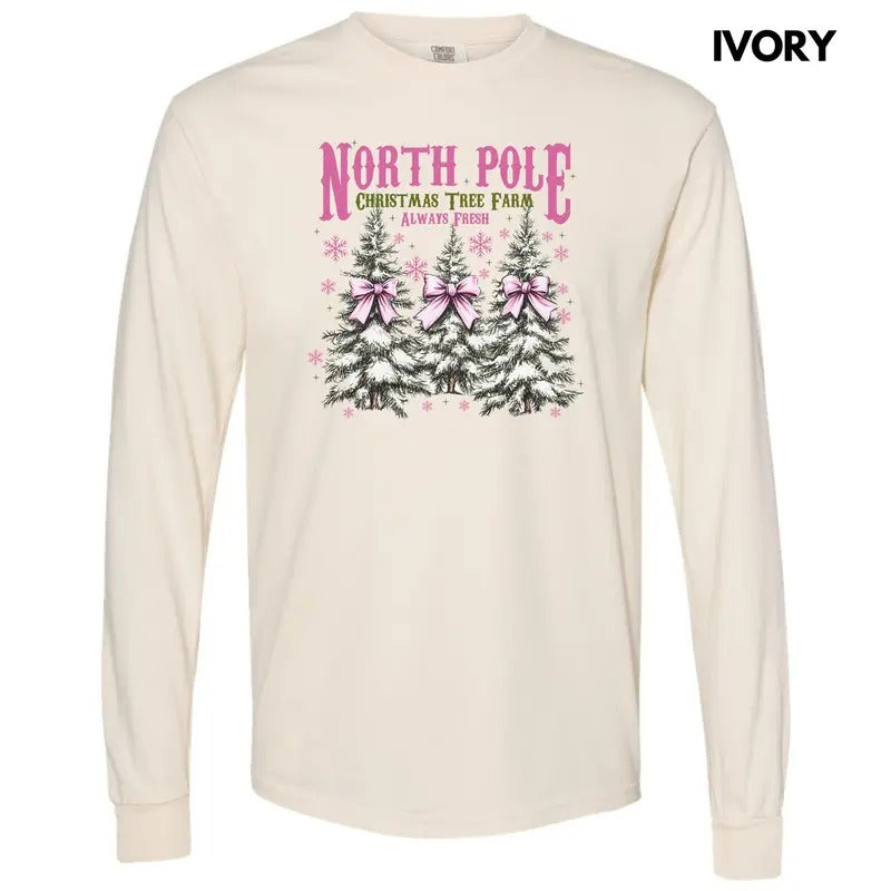 Pink North Pole Tree Farm Long Sleeve Comfort Colors T-Shirt 'NLB' Hoodie, Sweatshirt | PureTeeCo.com