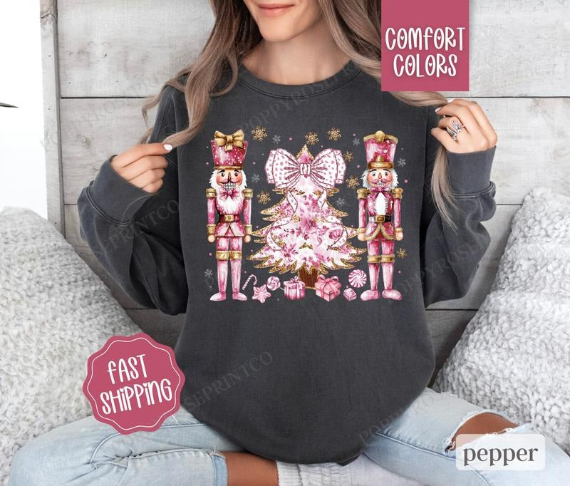 Pink Nutcracker Comfort Colors Sweatshirt, Christmas Sweater Womenswear, Holiday Crewneck T-Shirts, Hoodie | PureTeeCo.com