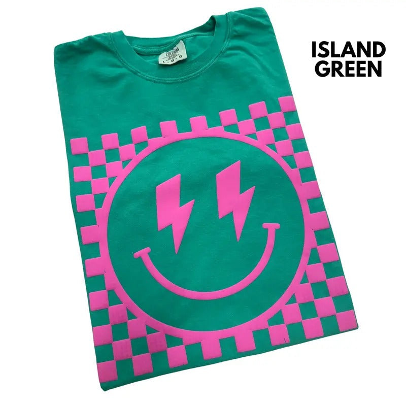 Pink Puff Checkered Happy Face Comfort Colors T-Shirt Hoodie, Sweatshirt | PureTeeCo.com