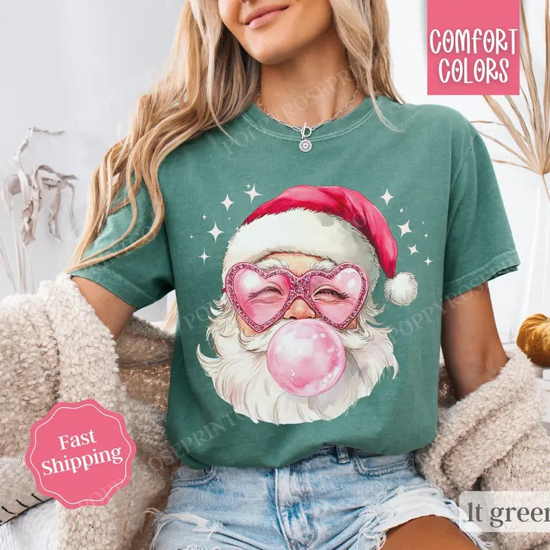 Pink Santa Bubble Shirt Comfort Colors Christmas Tshirt,  Coquette Xmas Tshirt, Women's Holiday Tee Hoodie, Sweatshirt