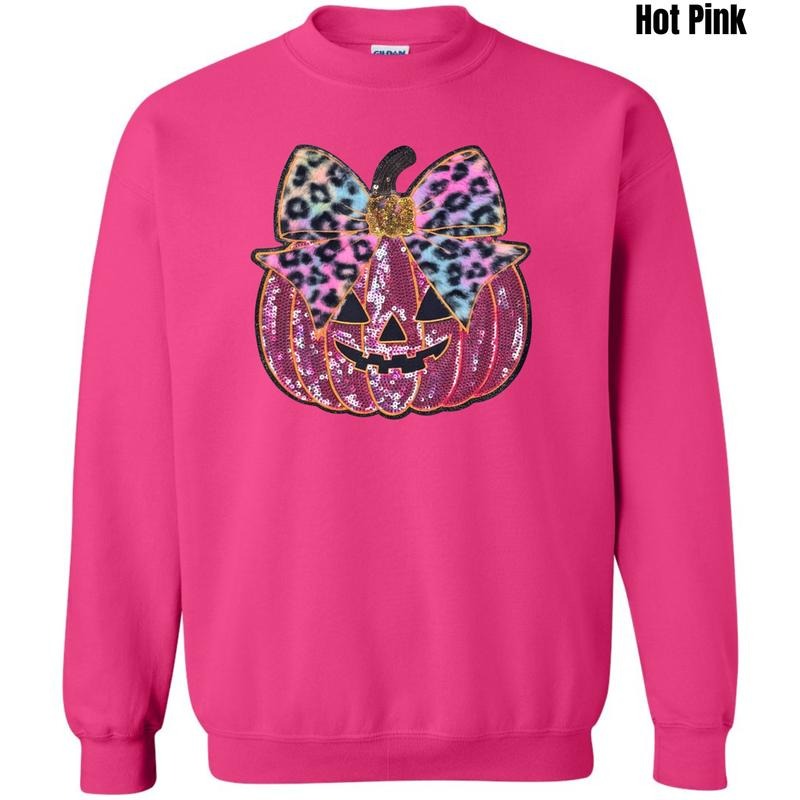 Pink Sequin Pumpkin Bow Patch Sweatshirt T-Shirts, Hoodie | PureTeeCo.com