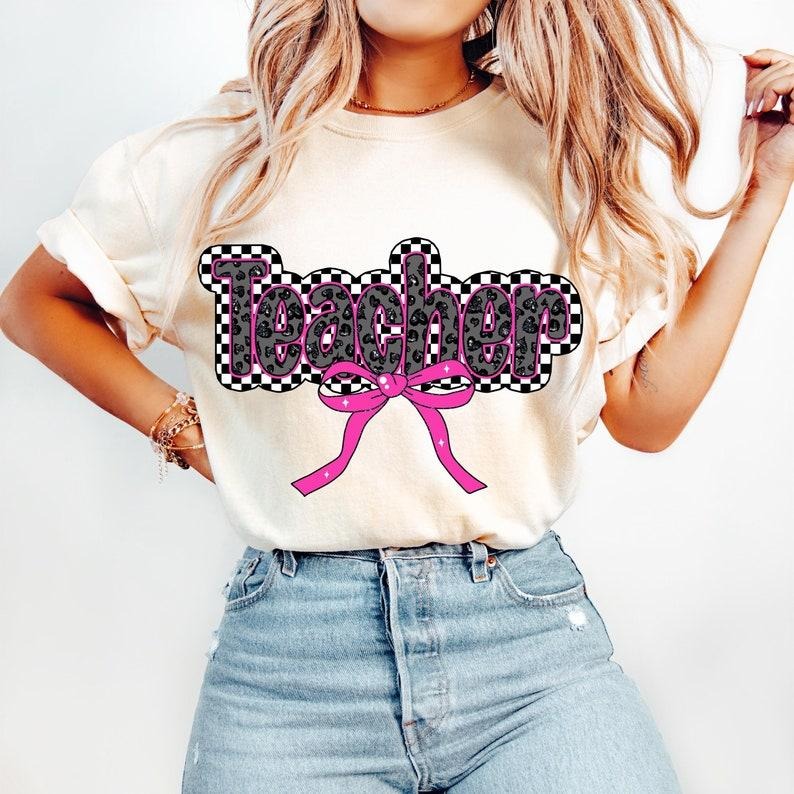 Pink Teacher Coquette, Checkered Teacher, Appreciation Gift, Leopard Bow T-shirt Hoodie, Sweatshirt | PureTeeCo.com