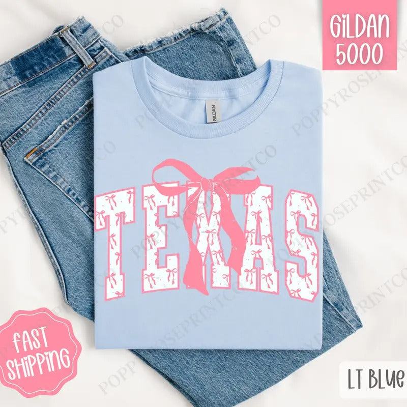 Pink Texas Bow Shirt Gildan, Women's Tee, Cute Women's Tshirt Plus Sizes Hoodie, Sweatshirt | PureTeeCo.com