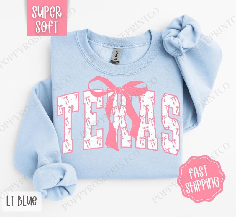 Pink Texas Bow Sweatshirt, Women's Crewneck, Cute Women's Sweater T-Shirts, Hoodie | PureTeeCo.com