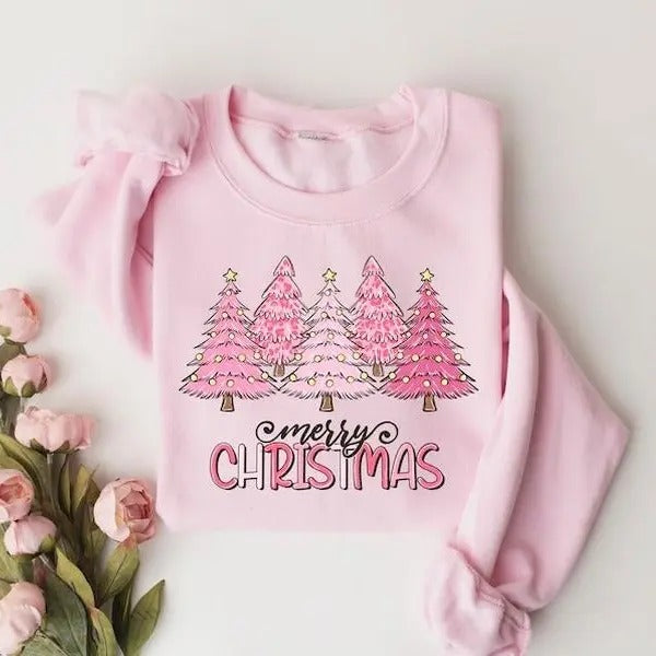 Pink Tree Christmas Sweater, Christmas Crewneck, Christmas Tree Sweatshirt, Holiday Sweaters for Women, Winter Sweatshirt...