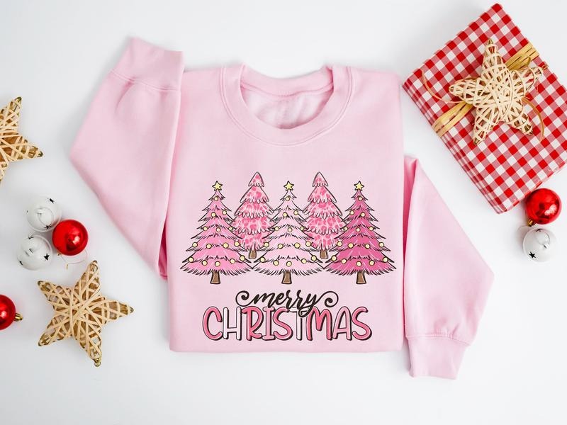 Pink Tree Christmas Sweatshirt, Christmas Tree Sweatshirt, Christmas Sweater, Christmas Tree Shirt, Winter Holiday...
