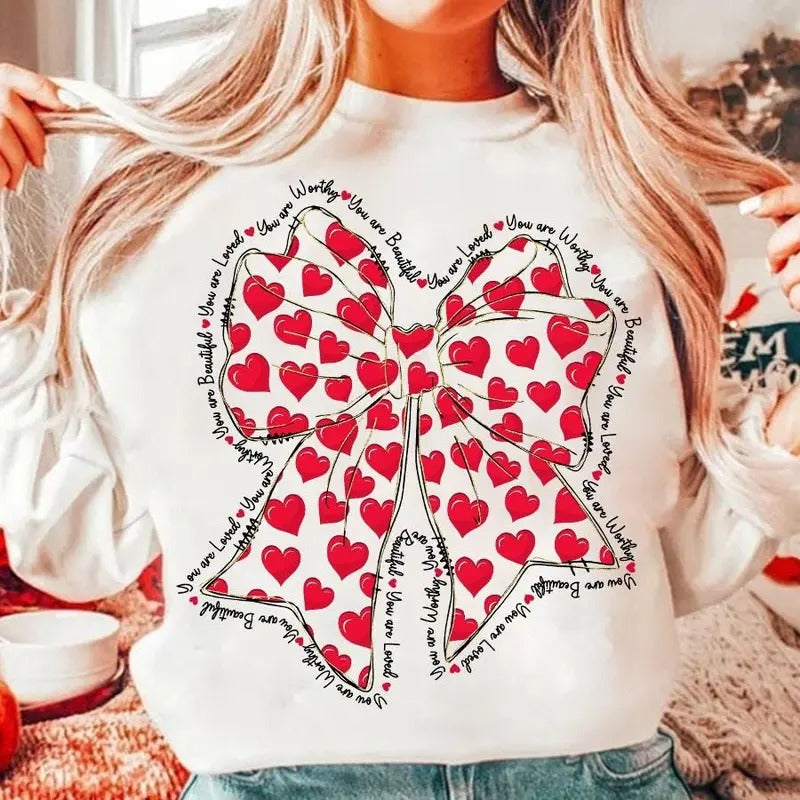 Pink Valentine Coquette Heart Sweatshirt, You Are Loved Valentine's Day T-Shirt, Glitter Brushstroke Valentine Crewneck...