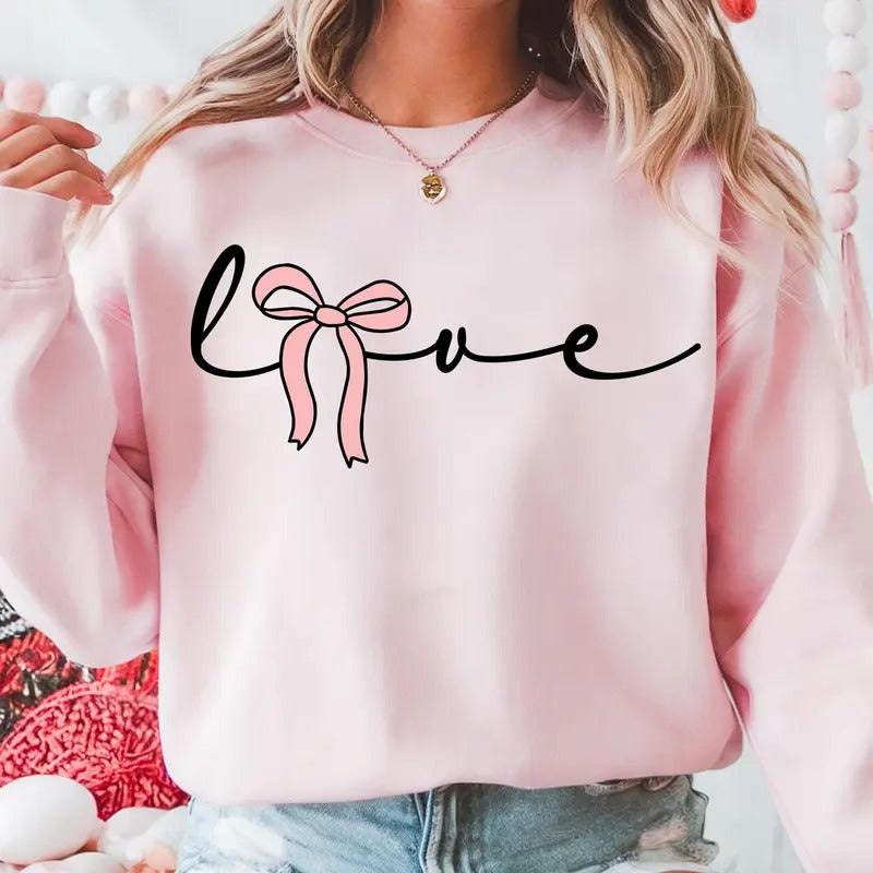 Pink Valentine Coquette Love T-Shirt, Valentine Bow Sweatshirt, Coquette Valentine's Day Crewneck, Romantic Valentine...