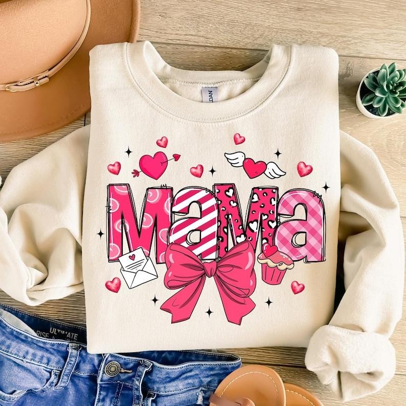 Pink Valentine Mama Coquette Sweatshirt, Loved Mama , Valentines Day Heart Coquette Bow , Brushstroke Valentine , Retro...