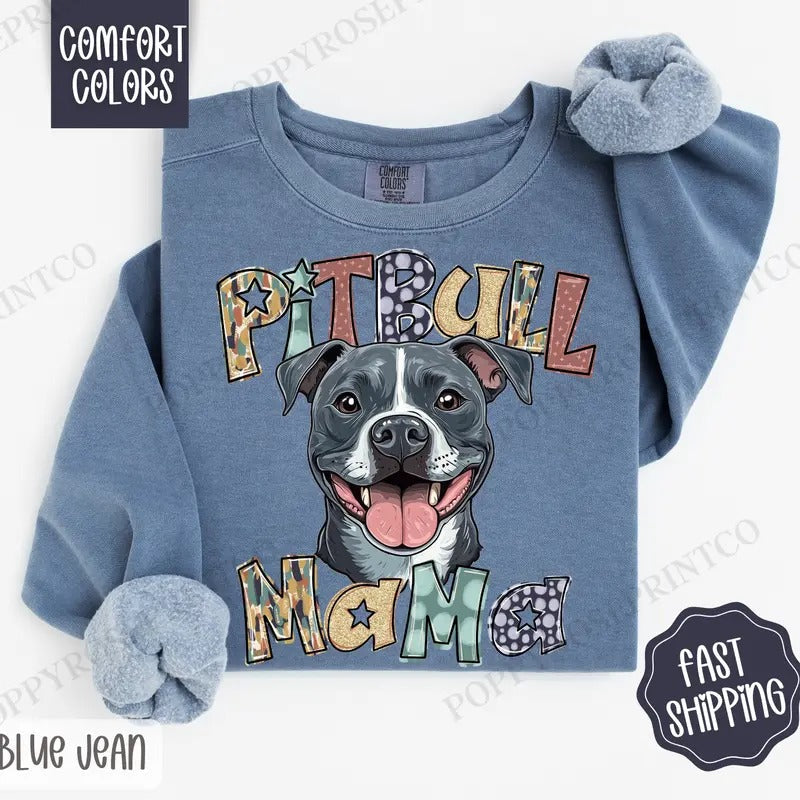 Pitbull Mama Comfort Colors Sweatshirt, Mama Women's Crewneck, Cute Dog Mom Women's Sweater T-Shirts, Hoodie | PureTeeCo.com
