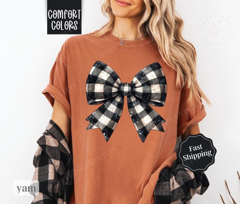 Plaid Bow Shirt Comfort Colors, Fall Tshirt, Coquette Clothing, October Vibes Shirt for Women Oversized Crewneck Tee...