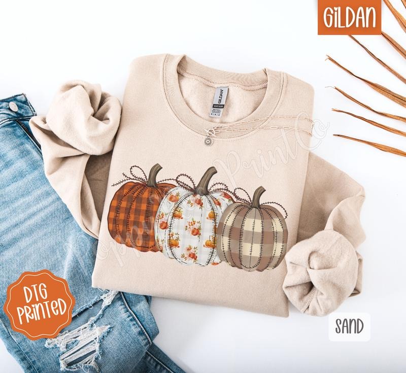 Plaid Floral Pumpkins Sweatshirt, Trendy Women's Fall Crewneck T-Shirts, Hoodie | PureTeeCo.com