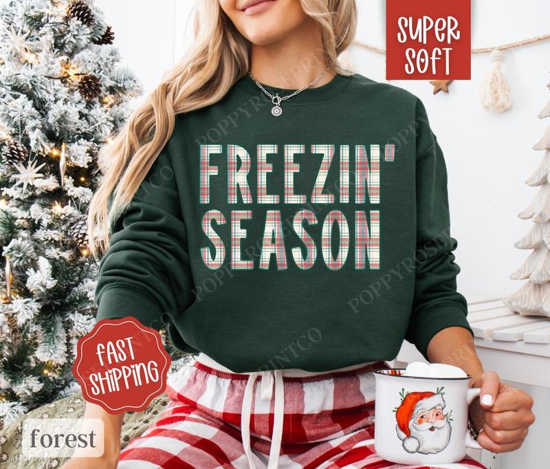 Plaid Freezin' Season Sweatshirt, Cute Women's Crewneck, Winter Women's Sweater T-Shirts, Hoodie | PureTeeCo.com