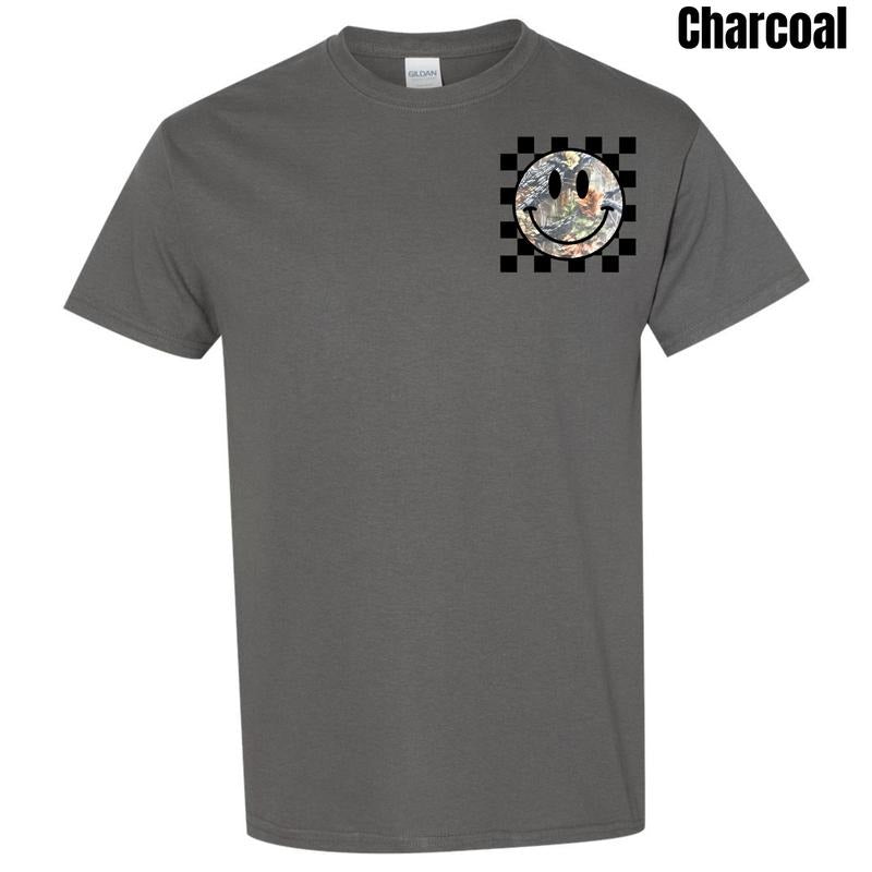 Pocket Size - Camo Checker Happy Face Gildan Short Sleeve T-Shirt 'NLB' Hoodie, Sweatshirt | PureTeeCo.com