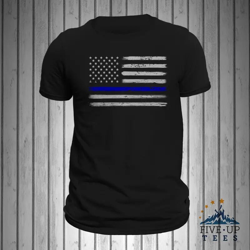 Police Thin Blue Line Flag Brushed Design Men's T-shirt Hoodie, Sweatshirt | PureTeeCo.com