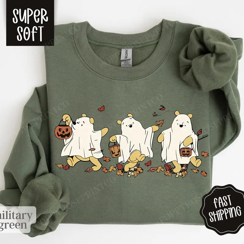 Pooh Bear Halloween Sweatshirt, Cartoon Bear Halloween Sweater, Women's Fall Crewneck T-Shirts, Hoodie | PureTeeCo.com