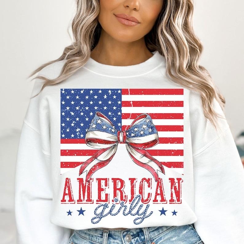 Premium  American Girly , Coquette 4th Of July , 4th Of July , American Flag Sweatshirt T-Shirts, Hoodie | PureTeeCo.com