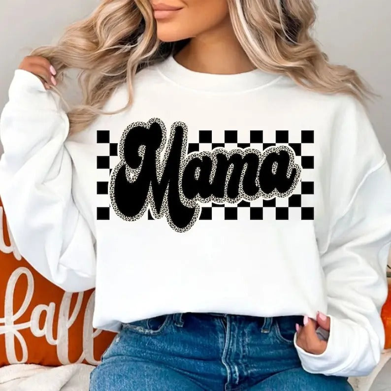 Premium  Checkered Mama Leopard Print , Trendy Mama , Retro Mama Sweatshirt T-Shirts, Hoodie | PureTeeCo.com