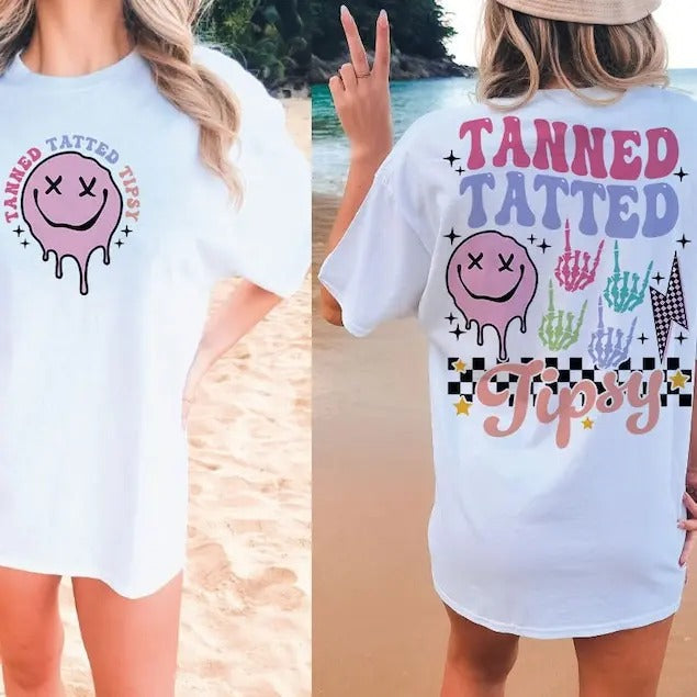 Premium  Tanned tatted and tipsy , summer smiley face sweatshirt T-Shirts, Hoodie | PureTeeCo.com