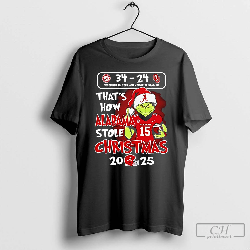 Premium Grinch Thats How Alabama Stole Christmas 2025 Alabama 34 24 Sooners T Shirts Sweater Hoodie, Sweatshirt