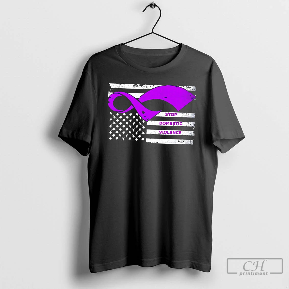 Premium Stop Domestic Violence Purple Ribbon America Flag Tee