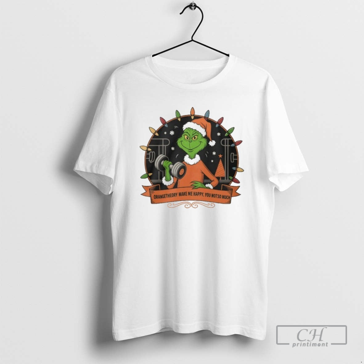 Premium The Grinch Santa Orange Theory Make Me Happy You Not So Much Christmas Lights T-Shirts, Hoodie, Sweatshirt
