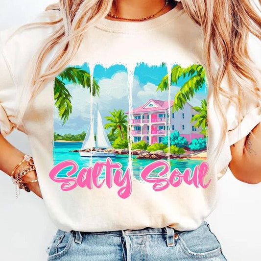 Preppy Summer Salty Soul Funny Pink Hot Beach Aesthetic Trendy T-Shirt