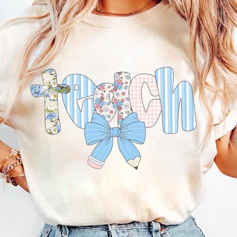 Preppy Teacher Floral Coquette shirt, Teach Blue Floral shirt, Everyday, Pencil Bow Hoodie, Sweatshirt | PureTeeCo.com