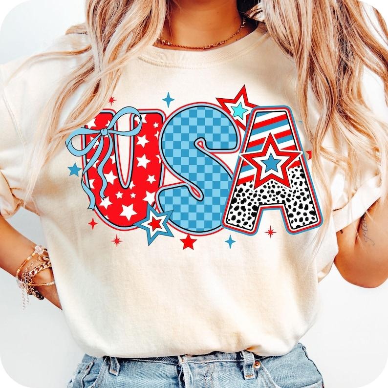 Preppy USA Coquette tshirt, Retro USA shirt, 4th of July tshirt, America Brushstroke sweatshirt, Girly USA shirt, Preppy...