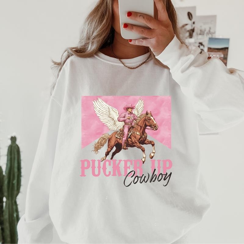 Pucker Up Cowboy Crewneck, Retro Cotton, Crewneck Fashion Fit Sleeve Comfortable Cute, CASUAL COTTON CREWNECK HOODIE,...