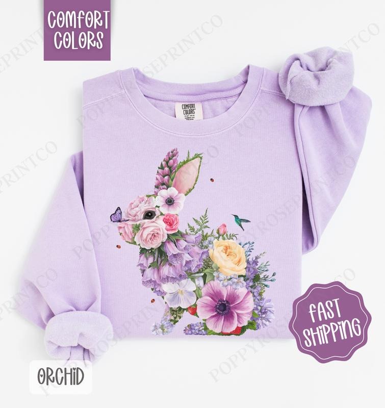 Purple Floral  Bunny Comfort Colors Sweatshirt, Cute Easter Women's Crewneck, Trendy Bunny Women's Sweater, Gift for Her...