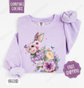 Purple Floral  Bunny Comfort Colors Sweatshirt, Cute Easter Women's Crewneck, Trendy Bunny Women's Sweater, Gift for Her...