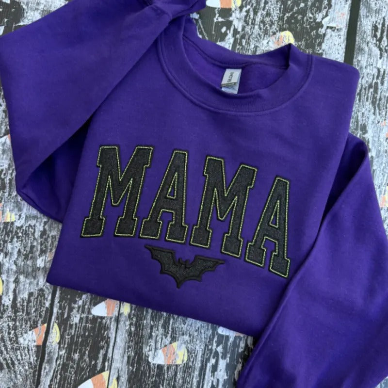 Purple Mama Bat Embroidered Glitter Crewneck Sweatshirt T-Shirts, Hoodie | PureTeeCo.com