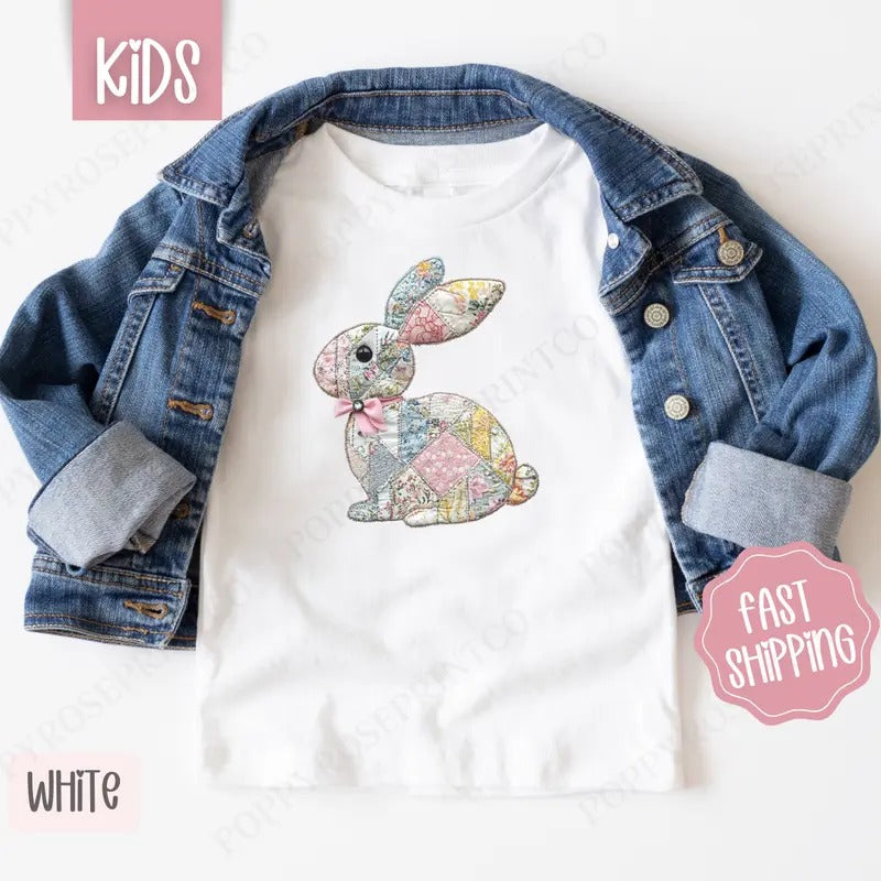 Quilted Bunny Shirt, Children's Easter Tee, Cute Bunny Shirt Hoodie, Sweatshirt | PureTeeCo.com