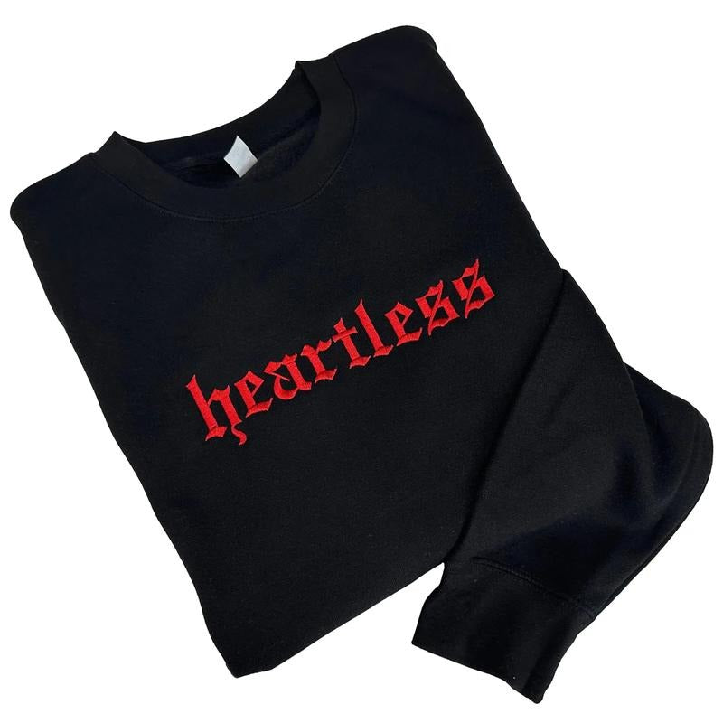 RED Heartless Embroidered Crewneck Unisex Sweatshirt Casual Clothing T-Shirts, Hoodie | PureTeeCo.com